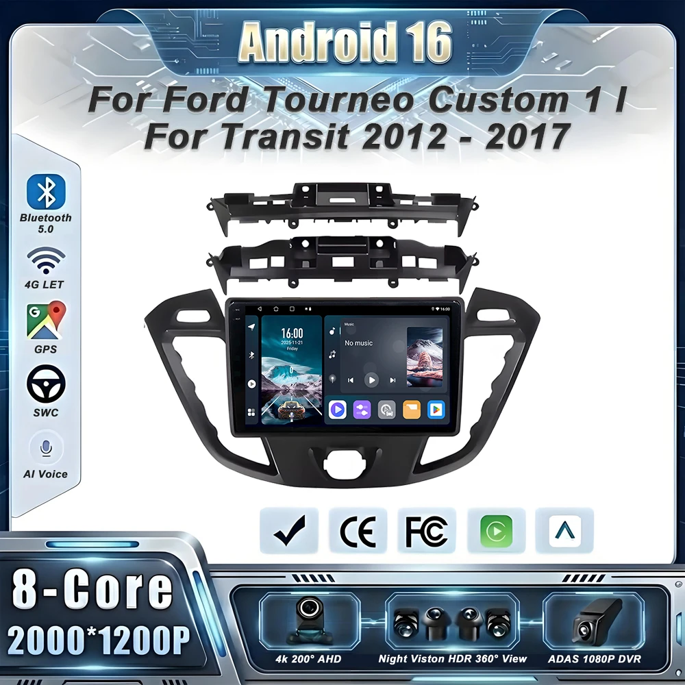 Car GPS Android 16 Auto Radio for Ford Tourneo Custom 1 l Transit 2012 - 2017 Stereo Head Unit No 2din DVD QLED Screen QLED GPS