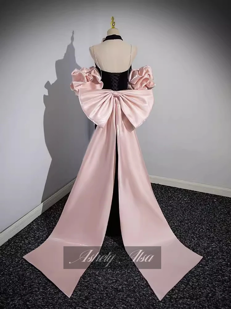 Customized Luxury Black Pink Evening Dress V Neck Bow Train Floor Length Women Wedding Party Gown Prom Occasion Dresses Pageant