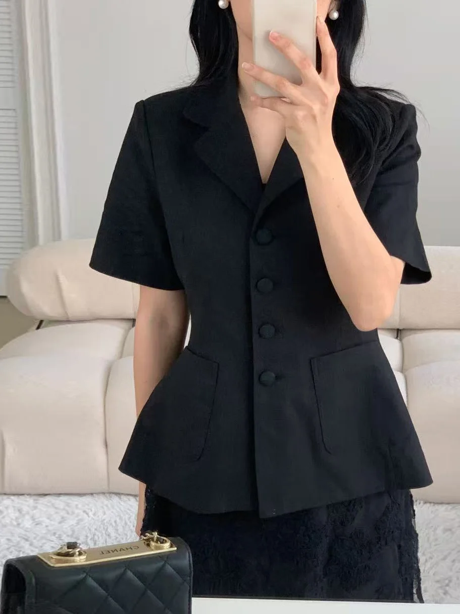 Elegant Korean Retro Suit Jacket Women's Short Sleeve Slimming Waist Design Single Button Outerwear Summer New Style Top