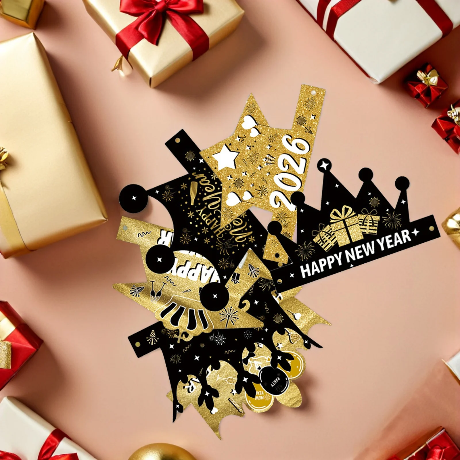 

12Pcs New Year Paper Glasses Hats Black Gold 2026 Party Supplies Photo Booth Props Celebration Props New Year Celebration Hats