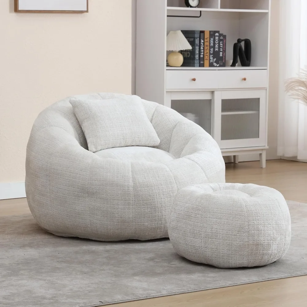 360 Swivel Extra Large Round Bean Bag Chair with Footrest, Super Soft Chenille Fabric Lazy Sofa for Adults, Children, Suitable