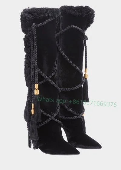 Fringe Tassel Fur Pointed Toe Snow Boots Warm Velvet Stiletto High Heel Soft Luxury Boots Lady Luxury Black Shoes Knee High 2023