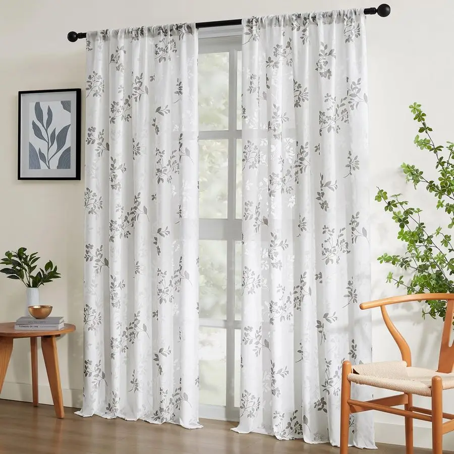 

Полупрозрачные шторы для конфиденциальности, светопропускающие, белые и серые, с принтом листьев и цветов, длина 96 дюймов, 2 панели, оконные занавески