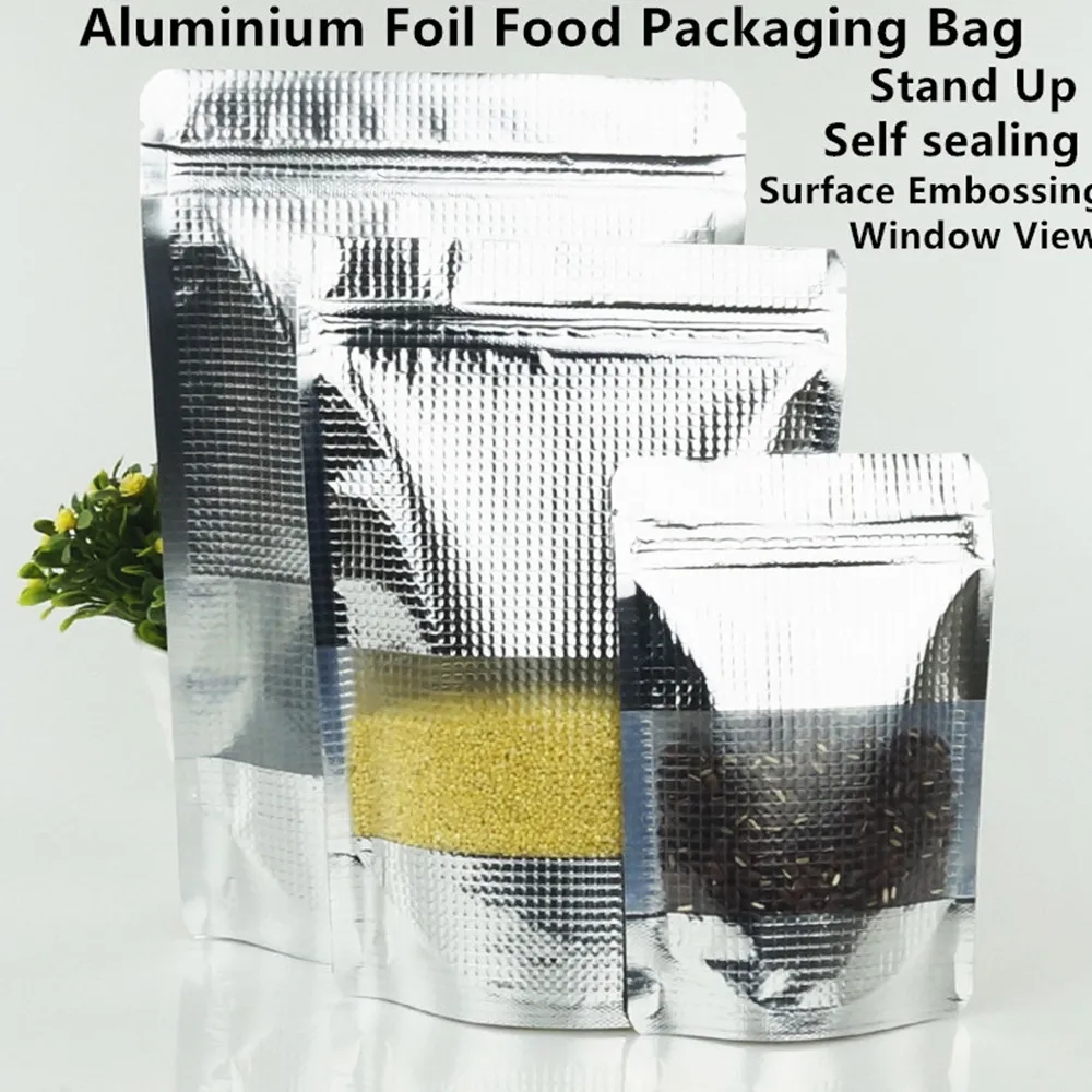 

100pcs Silvery Standing Up Aluminum Foil Zip Lock Bags with Window - Surface Embossed Mylar-Foil Pouch Zipper Close Nuts Package