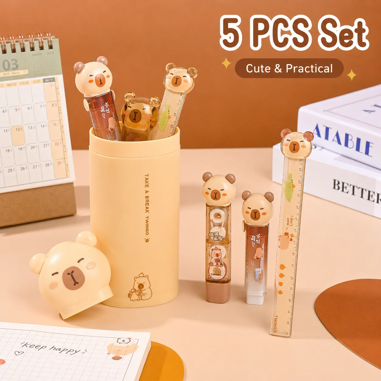 5pcs Cute Bear Stationery Set Pencil Case Ruler Correction Tape Eraser Sharpener Portable School Office Desk Supply Gift Kit
