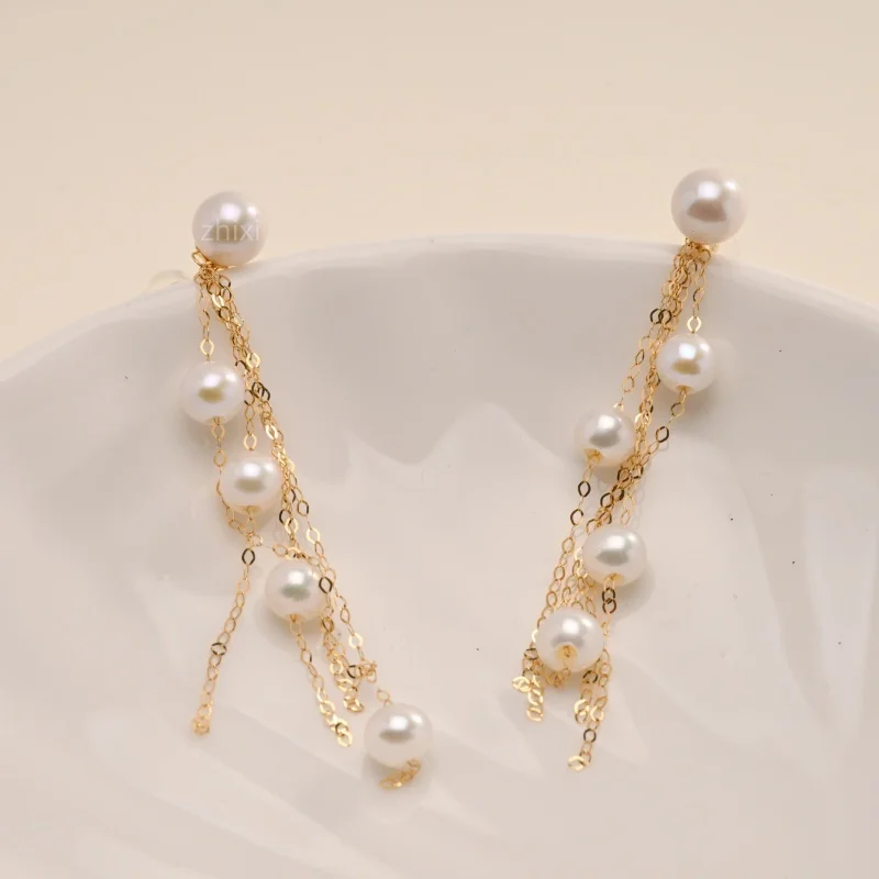 

Серьги из желтого золота 18 карат, ювелирные изделия, чистый белый пресноводный жемчуг au750, модная свадебная вечеринка для женщин, модная кисточка E1007