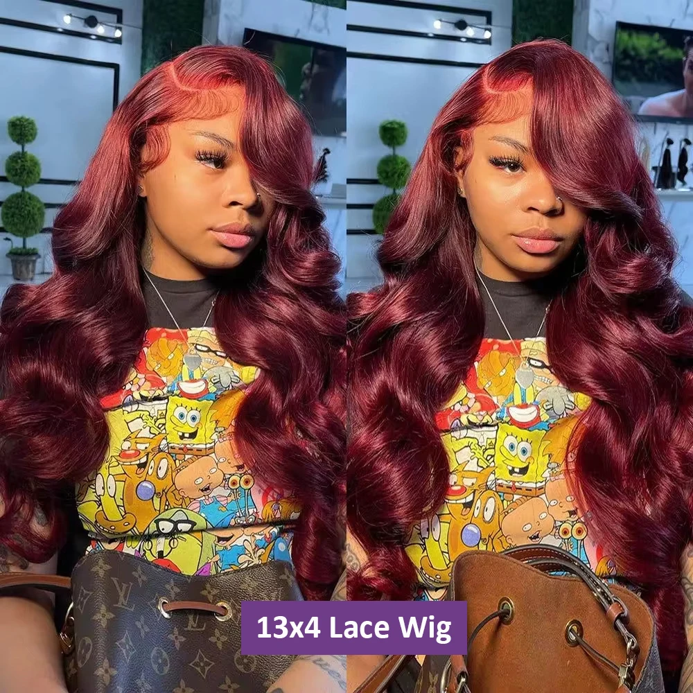 Perruque Lace Front Wig Body Wave Péruvienne Naturelle, Cheveux Humains, Bordeaux 99J, 13x4, 13x4, Pre-Plucked, pour Femme