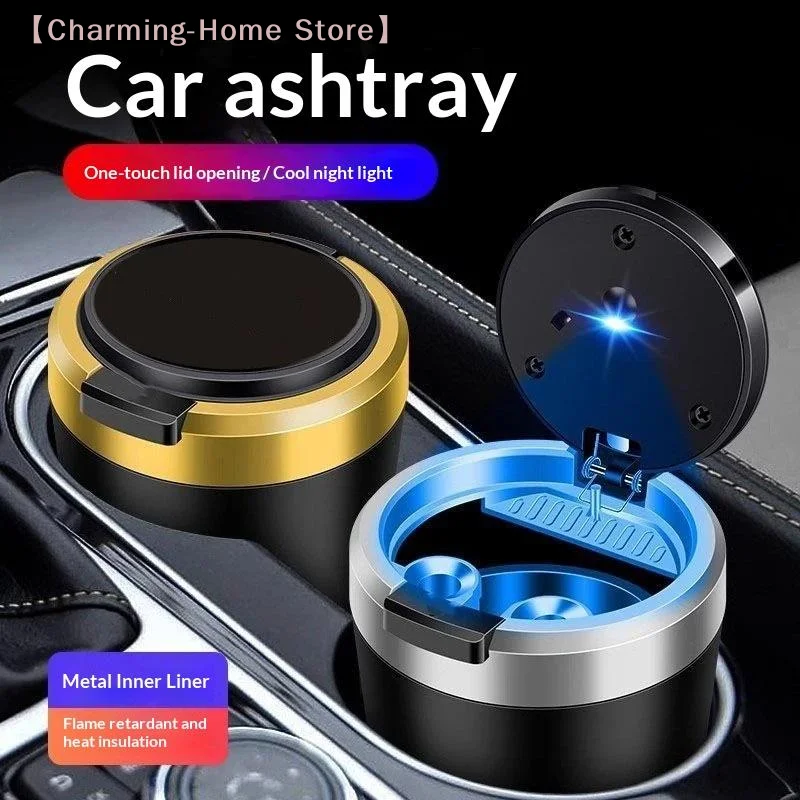【M】Car Ashtray Flame Retardant Alloy Liner One Touch Lid Built In LED Light For Daily Car Driving Use