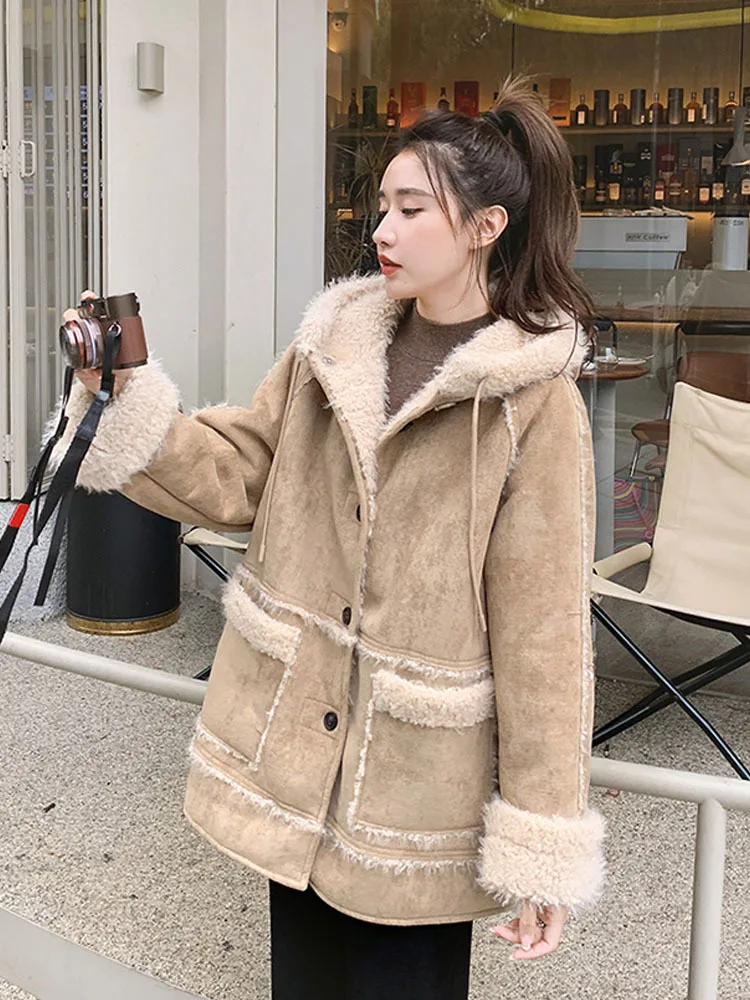 Winter New Women Jacket Coat Lamb Wool Hooded Fur Hooded Coat Women\'s Medium Long Coat Loose Female Top Chic Outwear