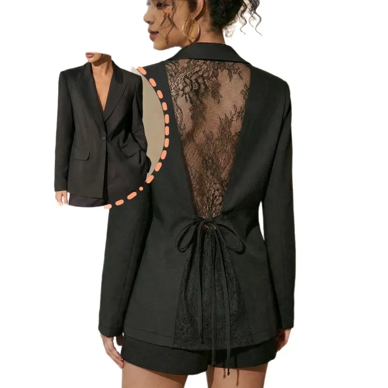 

2026 New High-end Back Thin Lace See-through Strap Waist Blazer Women's Black Blazer Temperament Commuting European and American