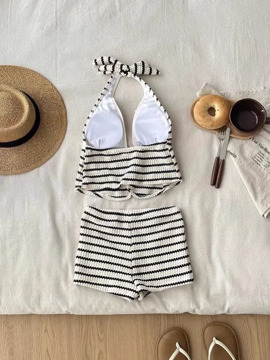 Black And White Korean Style Vacation Bikini Strapless Neck Hanging Photography High Value Visual Appeal Separate Swimsuit view 5