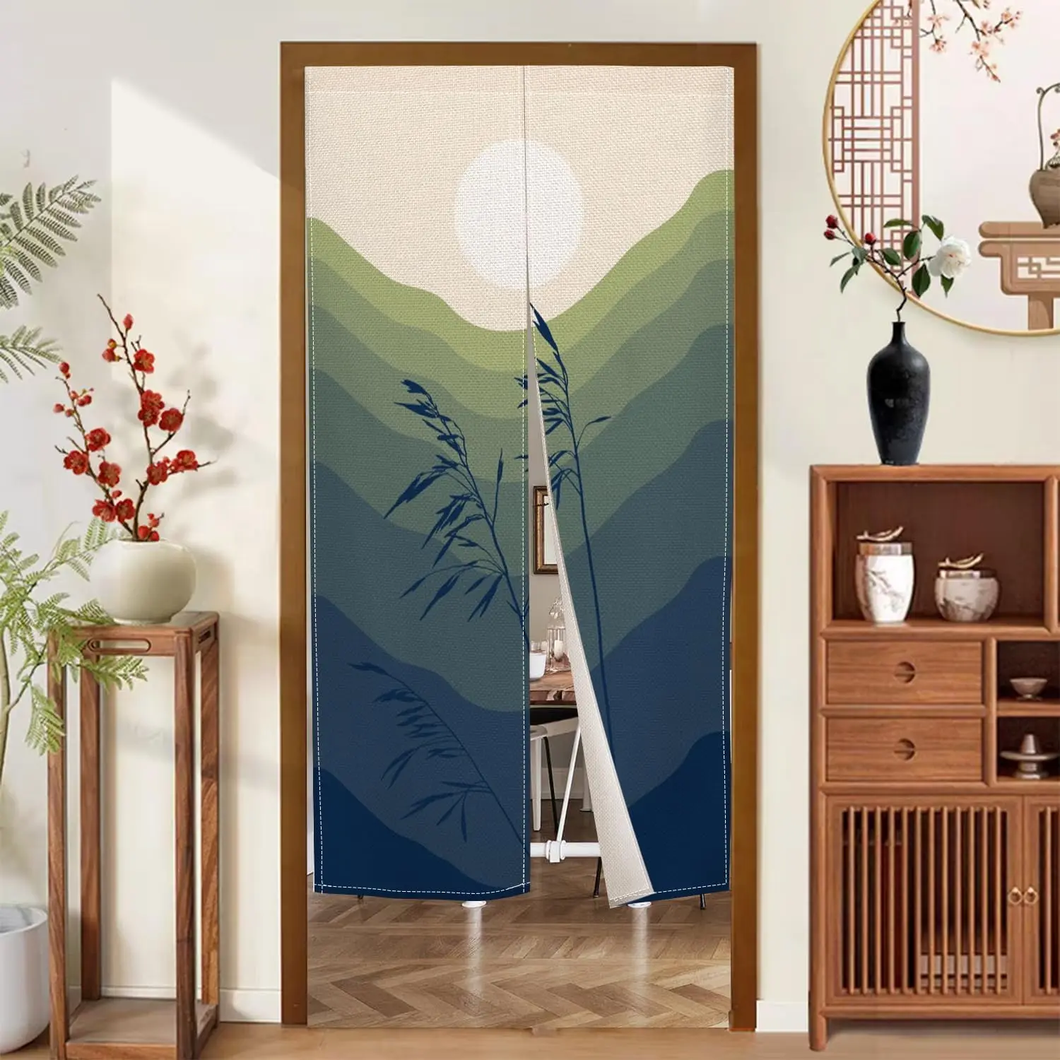 Bohemian Mountain Noren Curtain, Gradient Green Mountain & Full Moon with Grass Silhouette Print, Door Curtain for Home Entrance