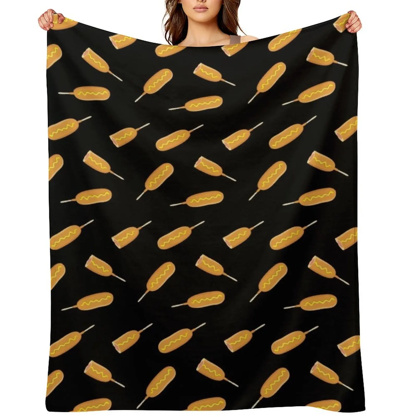 Corn Dogs on Black Throw Blanket warm winter Picnic Fashion Sofas blankets and throws Blankets For Sofas Shaggy Blankets