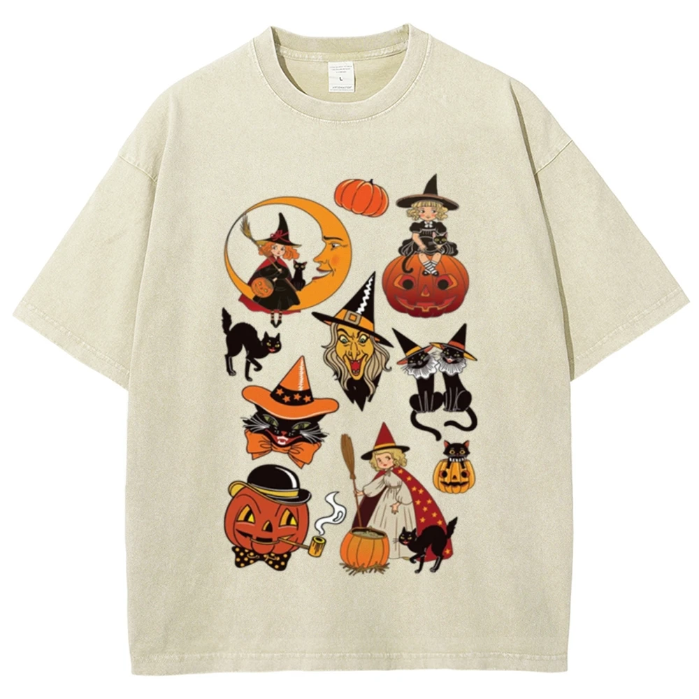 Vintage Graphic T-Shirts - Men's Short Sleeve Halloween Pumpkin Witch Black Cat Kitten Vibe Spooky Trendy Stylish Y2k 90s Shirt