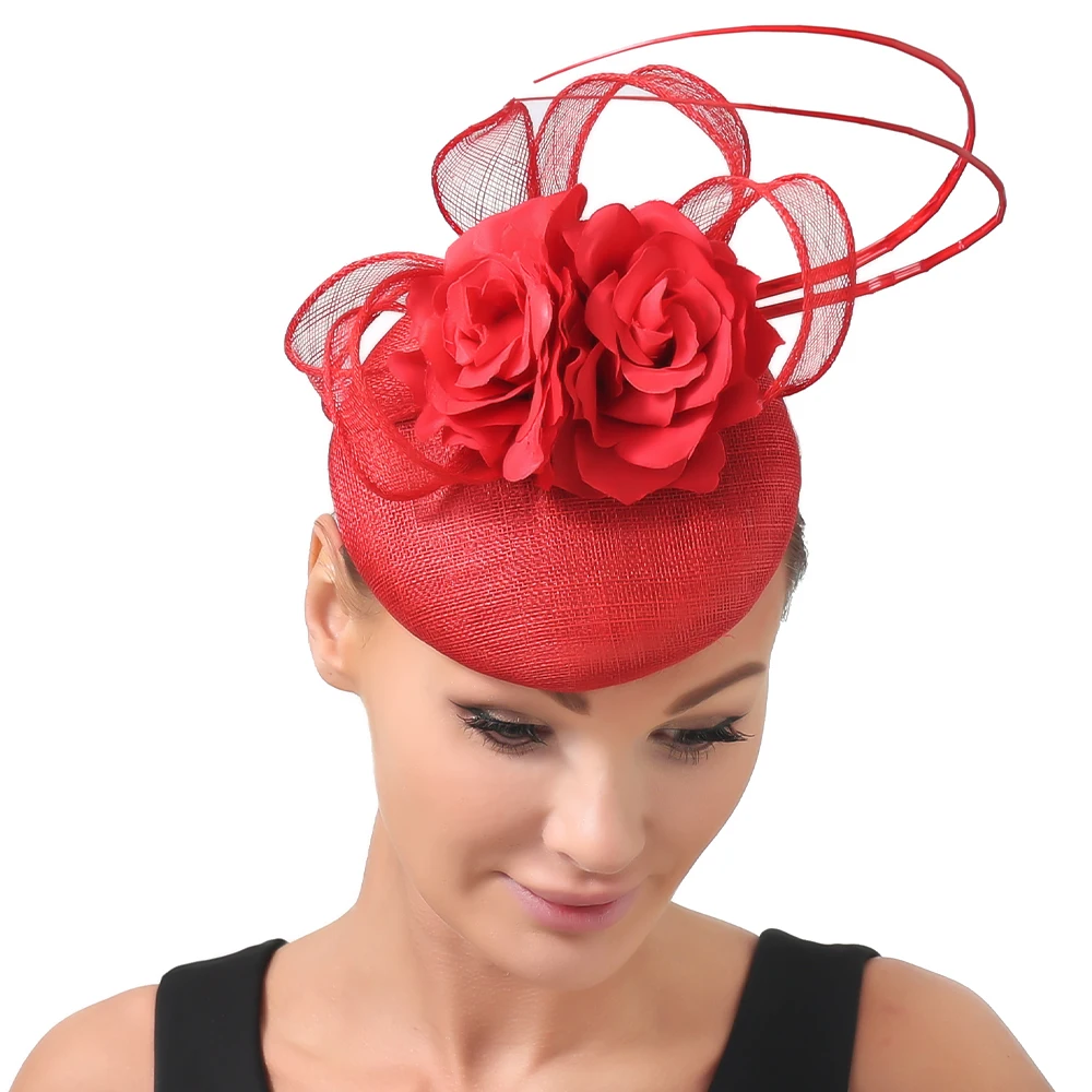 Women Red Elegant Wedding Fascinator Hats 4-Layer Sinamay Headpiece Millinery Headbands Bride Cocktail Race Hair Accessories