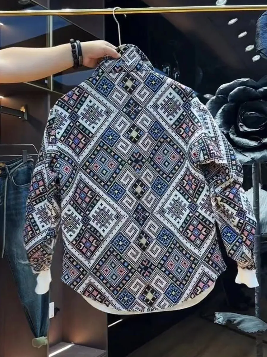 Autumn Winter Men's Loose Fit Cotton Flannel Shirt Diamond Pattern Embroidery Fashionable Versatile Thickened Collar Coat