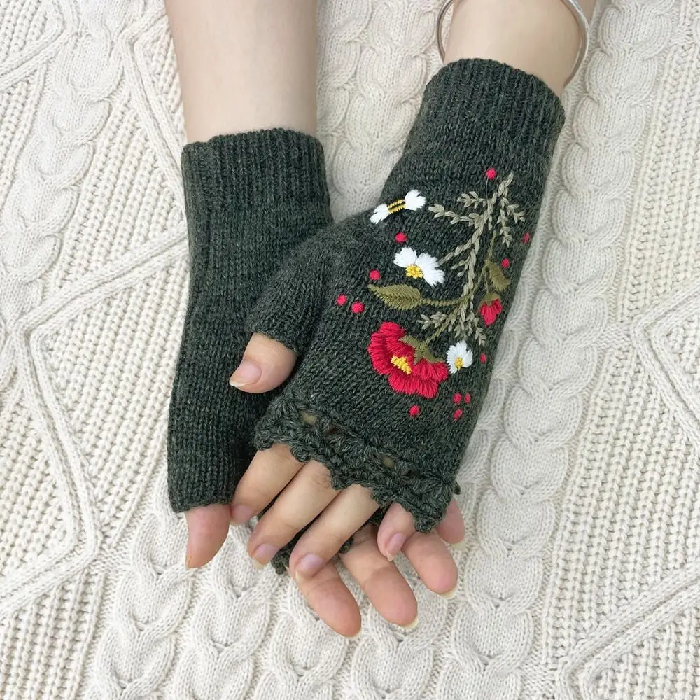 

Cute Vintage Embroidery Knitted Gloves Bee Half Finger Winter Wool Gloves Windproof Floral Crochet Flower Mittens Girls