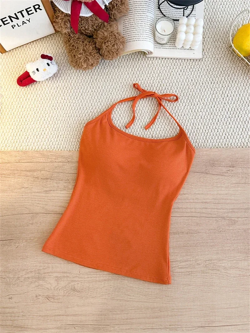 Koreanischer Stil Mehrfarbiges Crop-Top mit Bindeband und integriertem BH-Pad – Sexy, eng anliegendes Tanktop für Damen – Detail 19