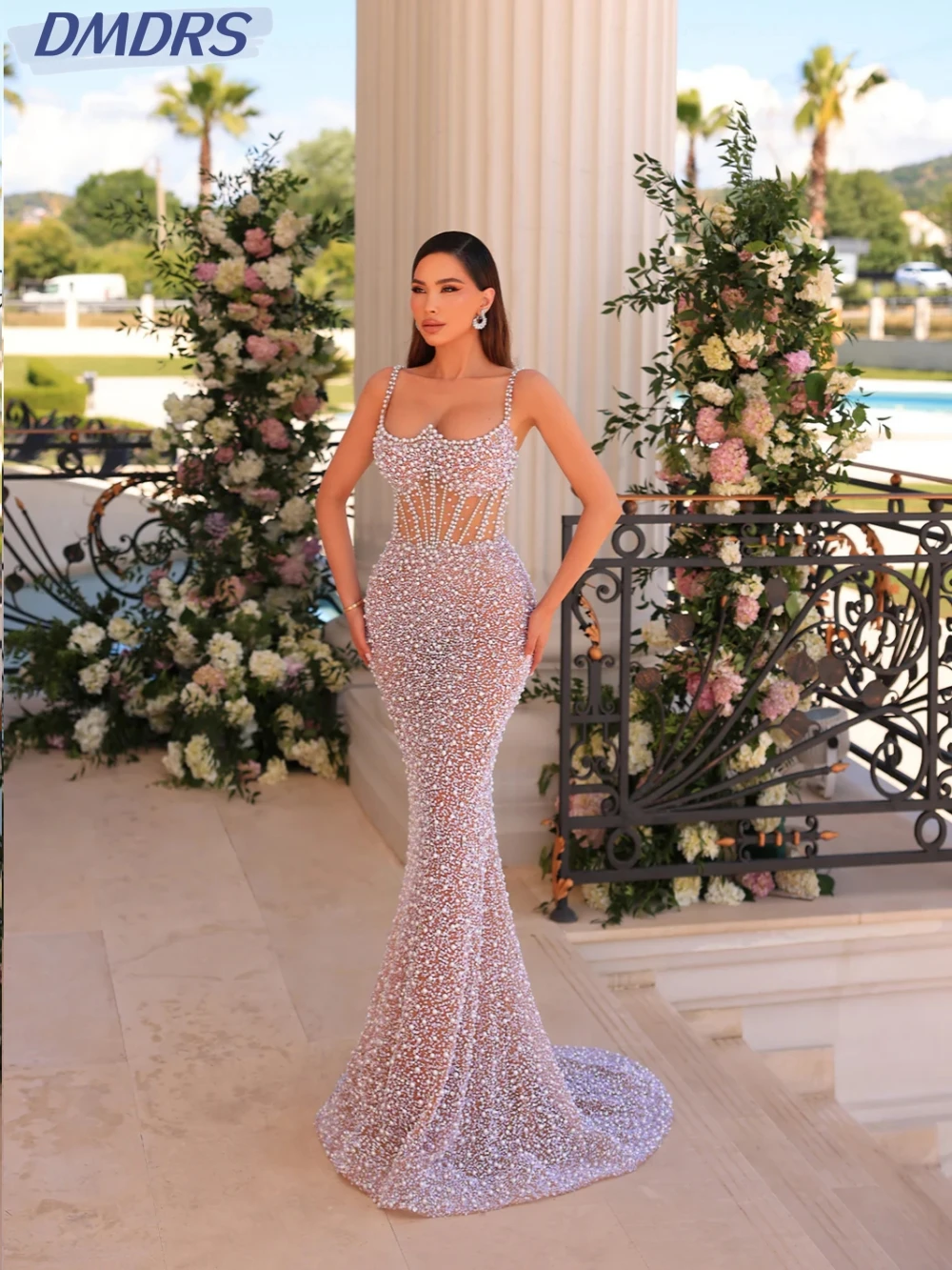 

Gorgeous Sequins Pearls Evening Dress Sexy Illusion Mermaid Prom Gown Strapless Spaghetti Straps Cocktail Dresses Robe De Mariée