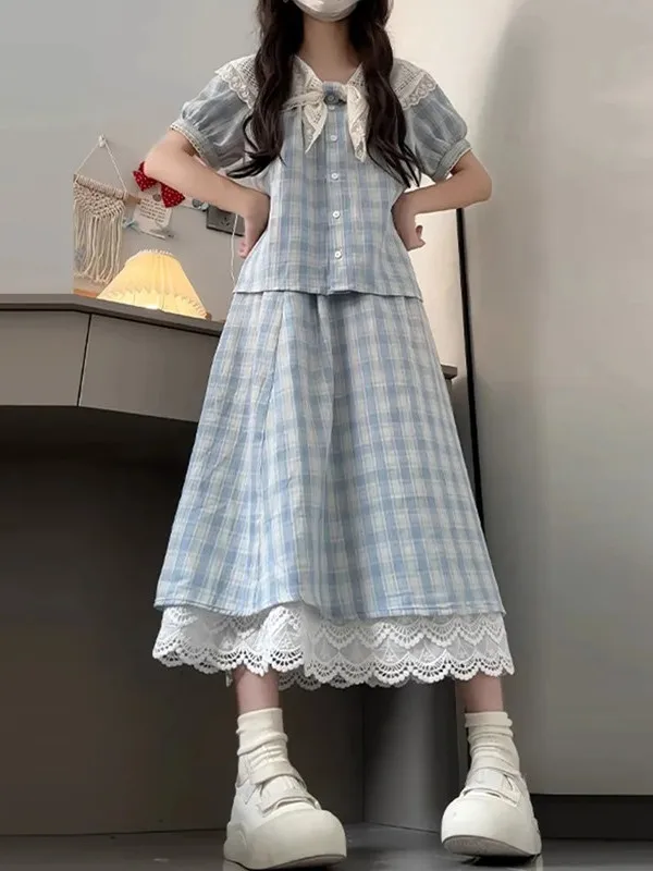 

plus Size 300 Pou Women's Plaid irt And Skirt Set Summer Casual Korean Sle High Waist A-Line Skirt ort Sve Navy C...