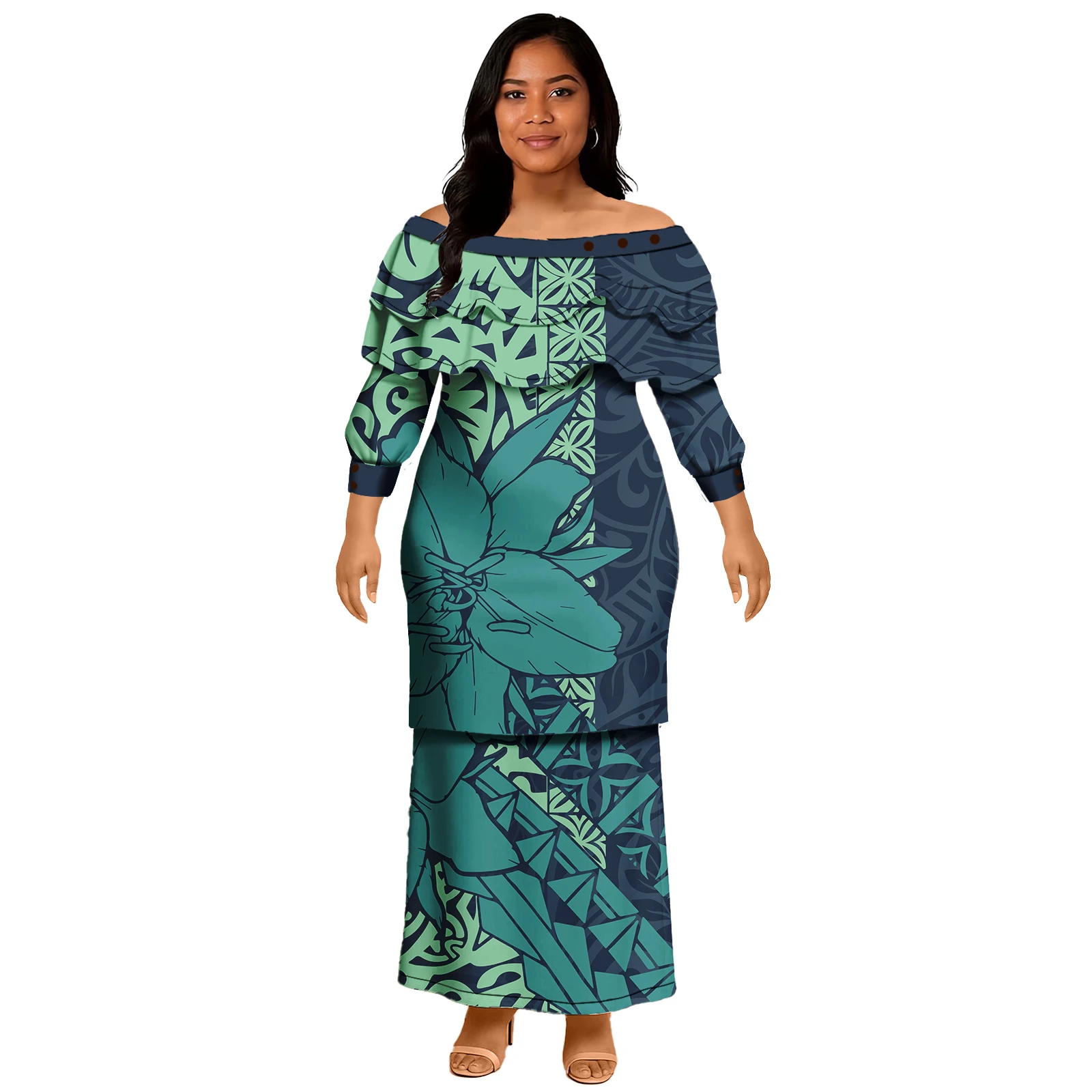 Samoan Puletasi Dress Tradition Polynesian พิมพ์รูปแบบที่กําหนดเอง Ruffles ชุด Puletasi Top และกระโปรงสําหรับสตรี