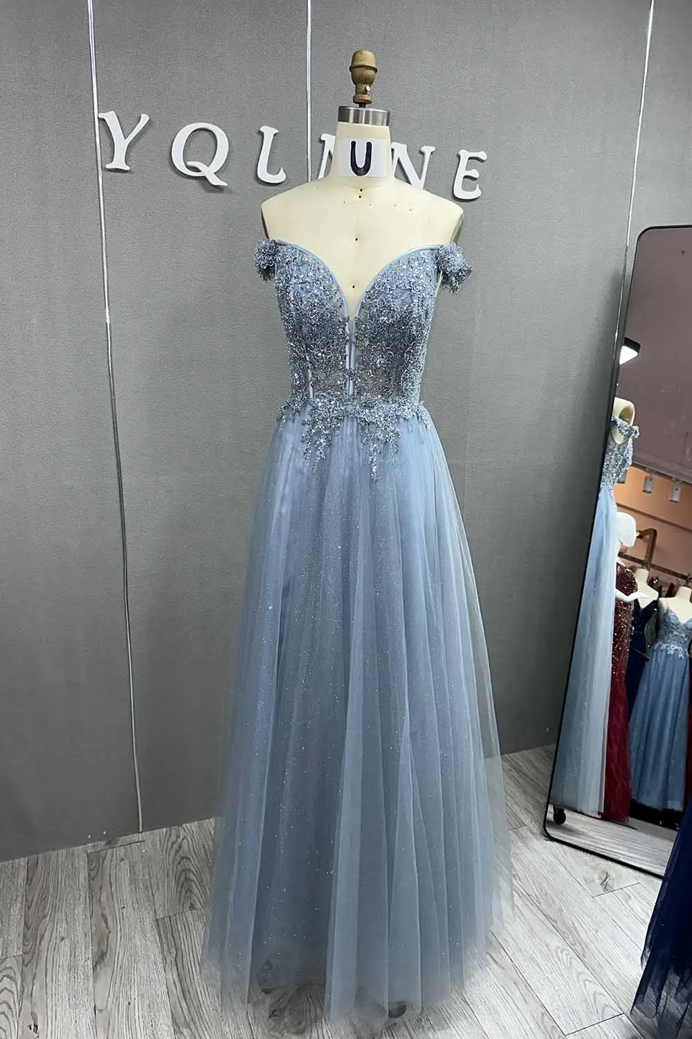 YQLNNE Pretty Dusty Blue Long Prom Dresses Off Shoulder Beaded Tulle Sequins Back Zipper Formal Women Party Gown