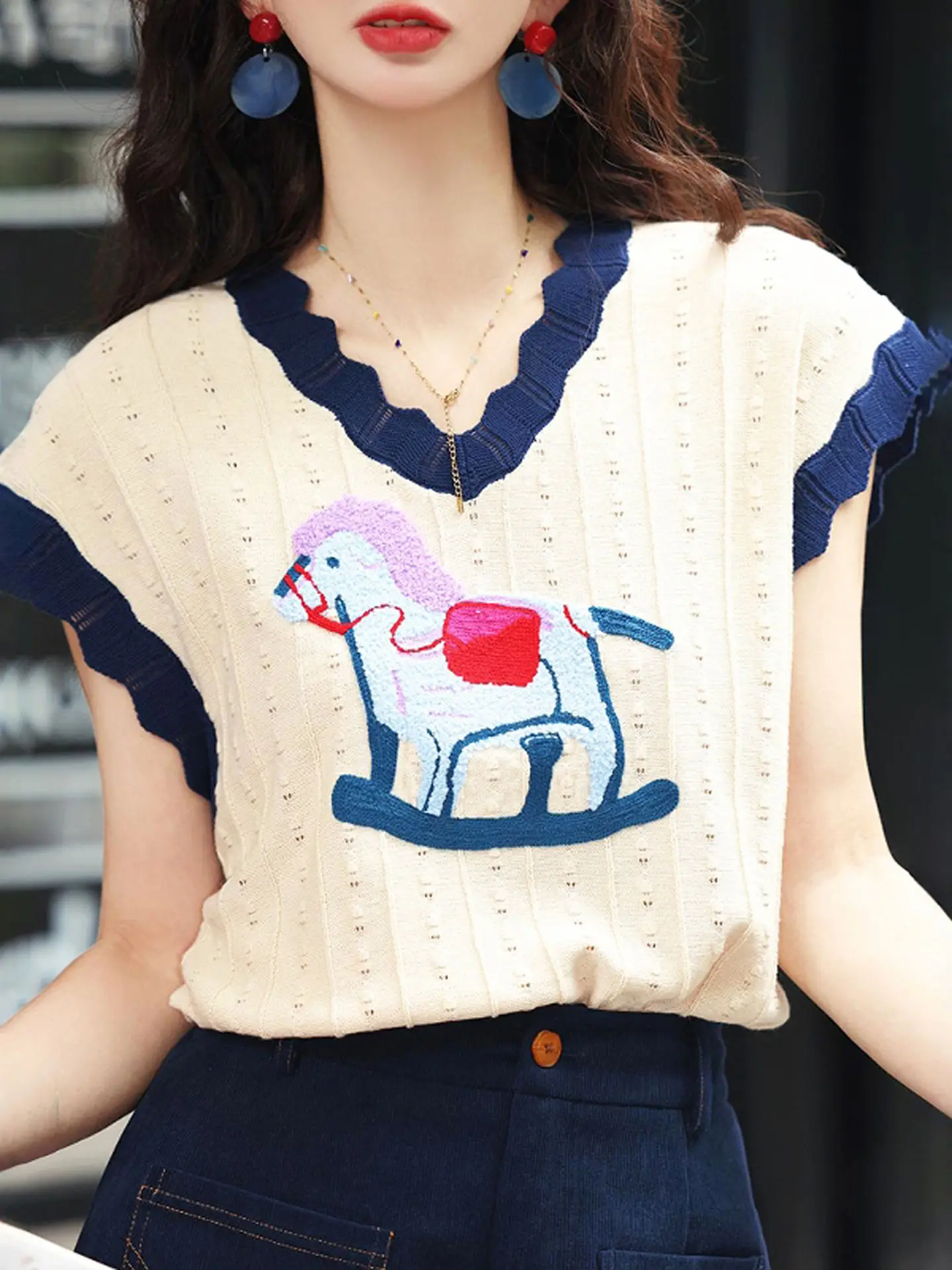 

Women Summer Sweet Fashion Hollow Out V-neck Short Sleeve Thin Knitwear T-Shirt Ladies Simplicity All-match Office Lady Tops