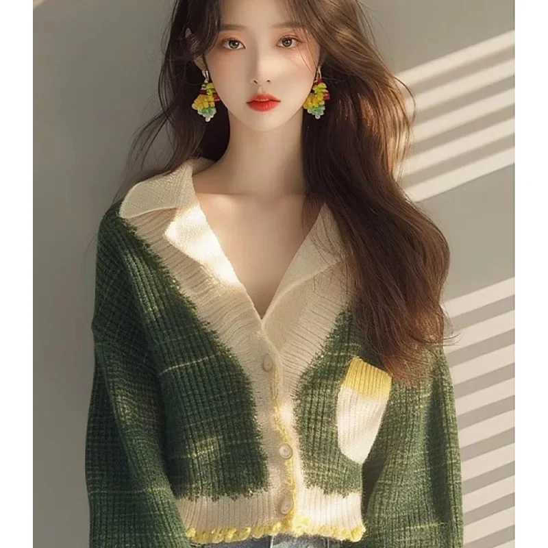 

Autumn Winter New Vintage Chic V-neck Collar Short Style Knitted Cardigan Women Clothing Fashion Commute Loose Sweaters