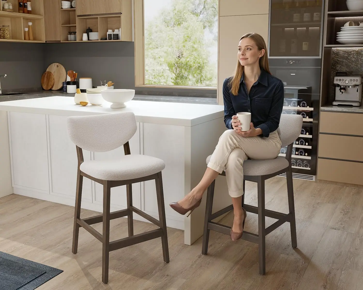30 Inch Upholstered Bar Height Stools Set of 2, Walnut & Beige | Barstools with Back & Rubber Wood Legs, Mid-Century Modern