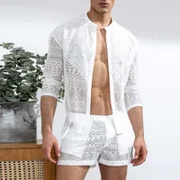 New Arrivals 2022 Men Set Summer Sexy See Through Lace Outfits Beach Fashion Short Sleeved Tops And Shorts Mens Two Piece Suits 2