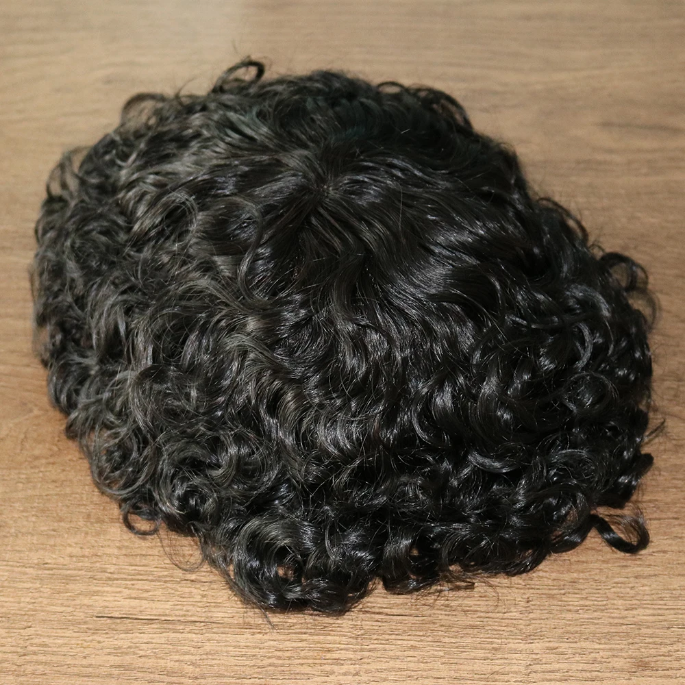 Durable Full Skin PU Male Hair Prosthesis 100% Human Hair Natural Hairline 25mm Curly Men Toupee Wigs Replacement System Unit