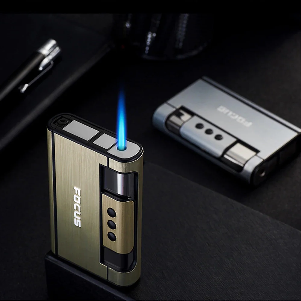 New Windproof Turbo Inflatable Lighter Can Hold  8PC Automatic Cigarette Case Flashlight Gas Lighter Men\'s Gadget Cigar Special