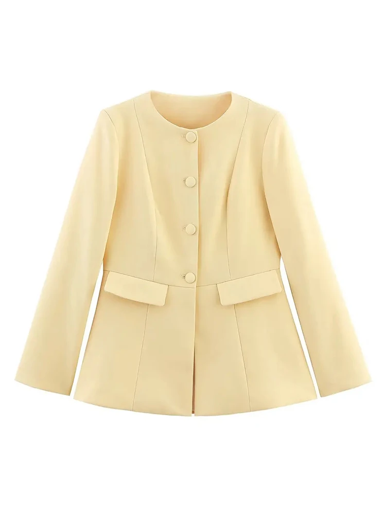 สีเหลือง Blazer Coat ผู้หญิงแฟชั่น Elegant กระเป๋าเดี่ยว O-คอเสื้อสูทสํานักงาน 2025 ใหม่ฤดูใบไม้ร่วงลําลอง Outwear