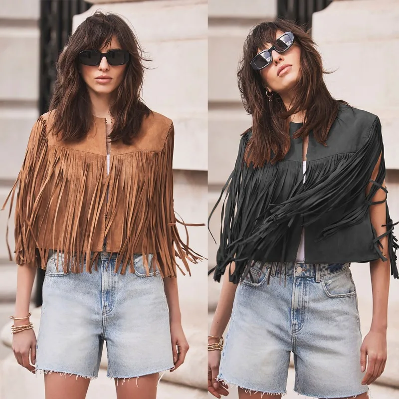 

Vintage New Tassel Jacket Women Short Crop Top Vest Jacket Streetwear Design Clothing Cropped Top Cardigan Waistcoat BlackVests