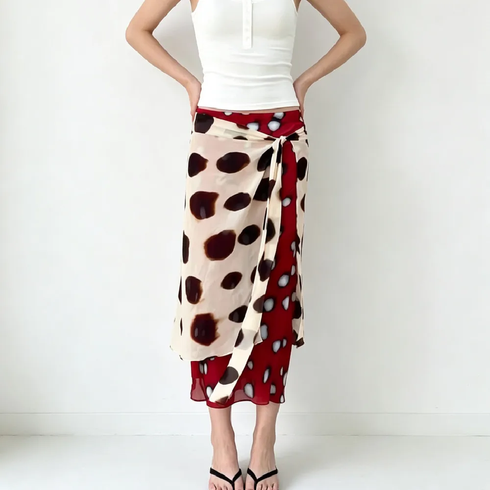 Vintage Women Dot Print Bow Tie Sashes Scarf With Zipper Waist Skirt Mid-Calf Long Skirts Holiday Bottom