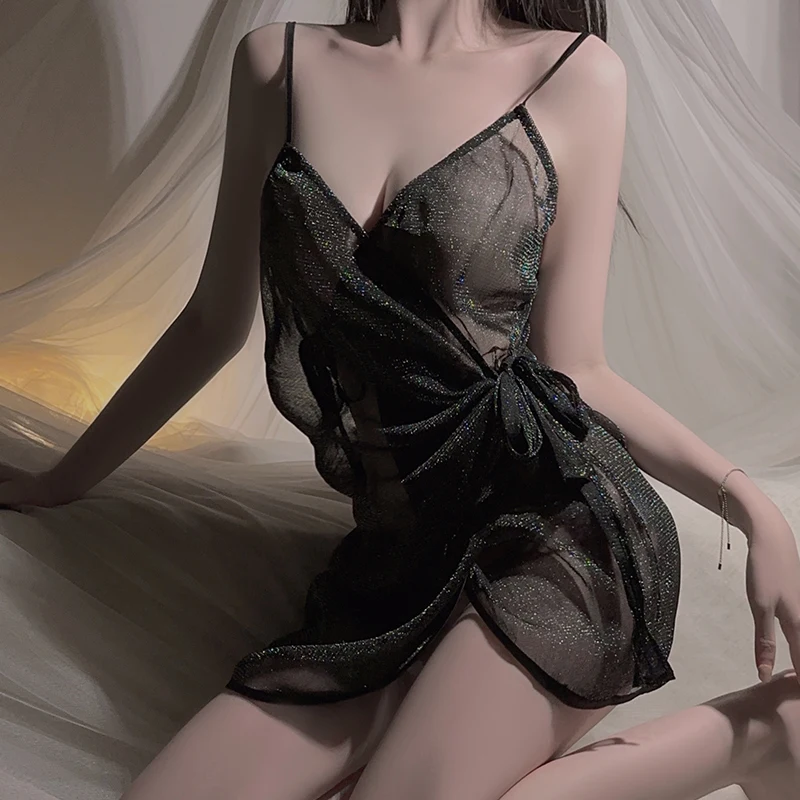 

Open The Bow Shiny Night Dress Woman Lingеrie Nightgowns Sleepwear Lace Lingeries Sexy Hot Night Wear For Ladie