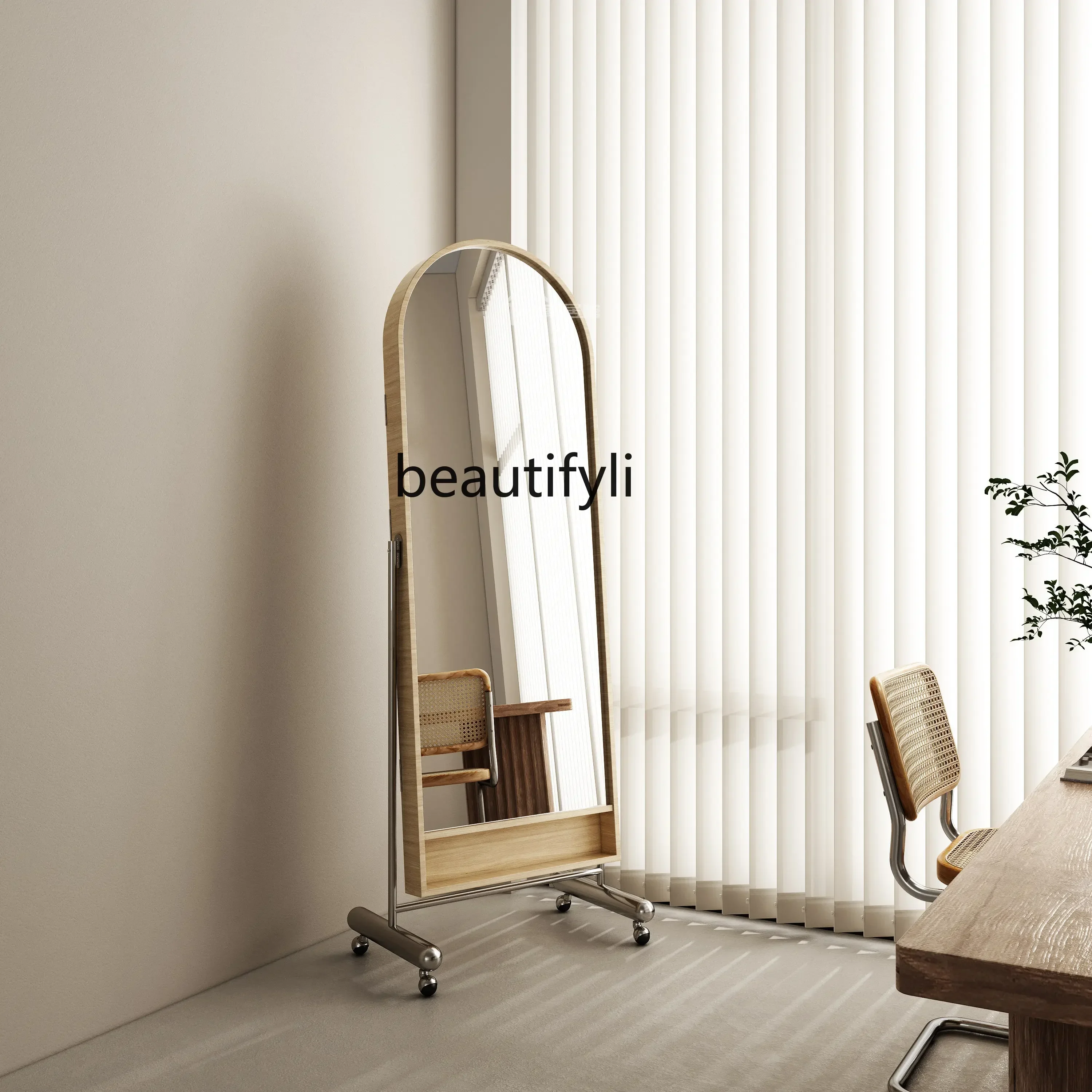 

cc1820Medieval Rotatable Full-Length Mirror Stainless Steel Solid Wood Magazine Rack Movable Multifunctional Dressing Mirror