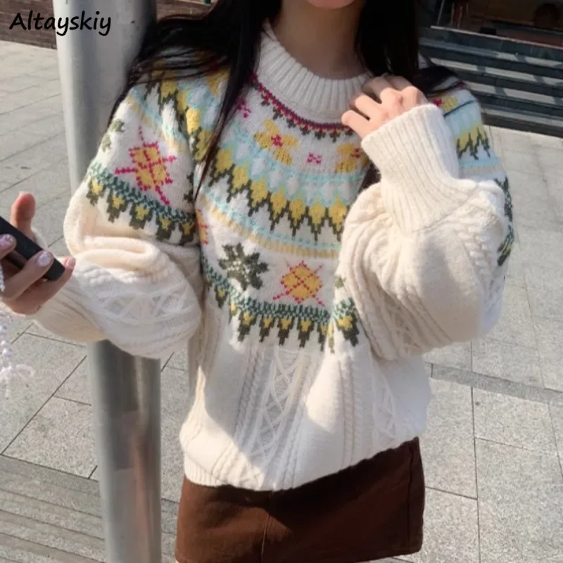 Pullovers Women Ulzzang Autumn Winter Knitted Warm Baggy Windproof Chic Colorful Ins College O-neck Warm Korean Style Vintage