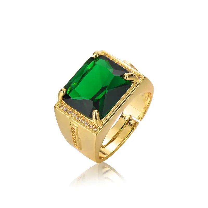 HOYON Popular Emerald Rings Men\'s Jewelry Retro Style Square Ethnic Rings 14k Gold Color Open Green Diamond Ring for Gift box