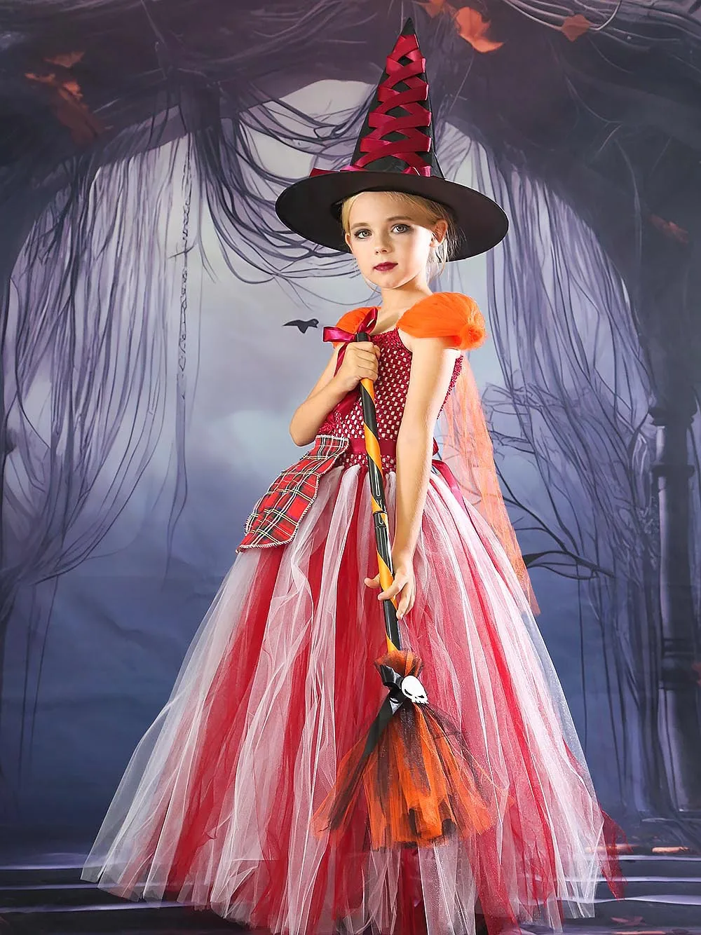 Girls Pink Spooky Witch Long Mesh Tutu Dress Halloween Masquerade Magic Sorceress Dress Up And Stage Fancy Performance Clothing