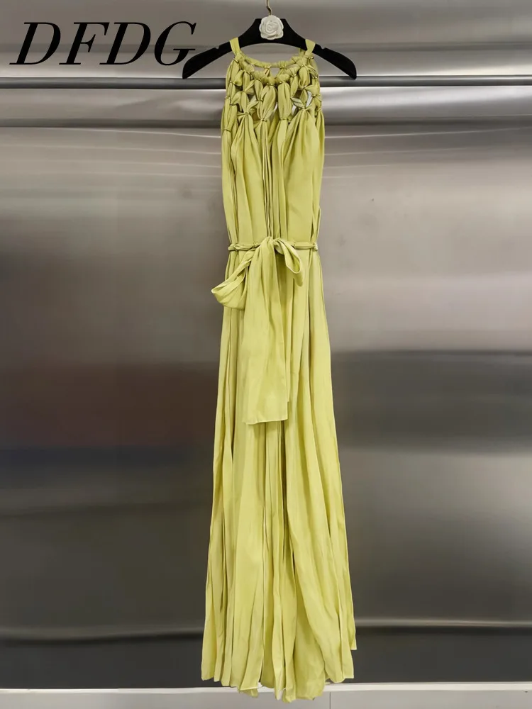DFDG lente zomer 2025, dames bohemien sexy halter uitgesneden maxi-jurk onregelmatig lint ontwerper strandfeest lange jurk