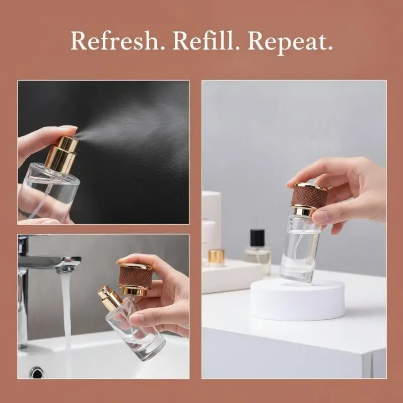 Leere Glas-Duftsprayflasche 20ml mit Schraubverschluss aus Leder, feiner Nebel, nachfüllbarer Parfümbehälter für Reisen – Detail 10