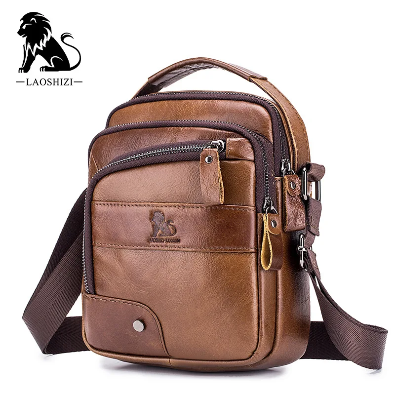 

LAOSHIZI New Brand Genuine Leather Men's Crossbody Bag 100% Cowhide Small Satchel Men's Leisure Sports Business Shoulder Bag