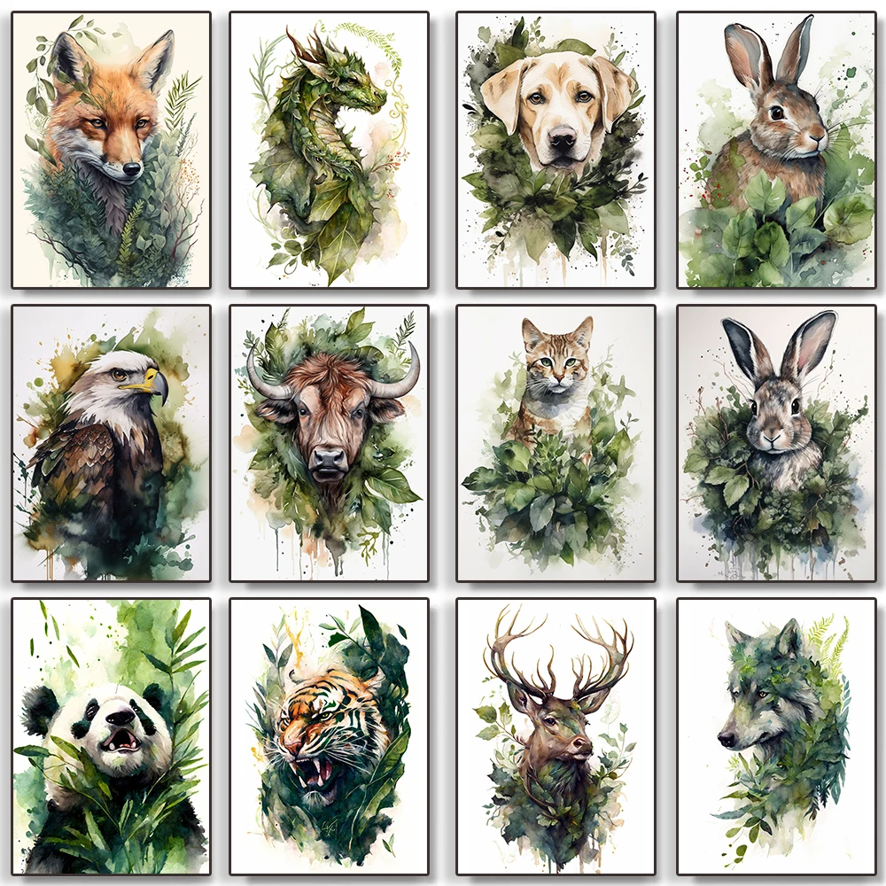 Mystical Jungle Dragon Fox Wolf Rabbit Eagle Animal Surrounded By Green Leaves Wall Art Pictures for Living Room Home Decoration