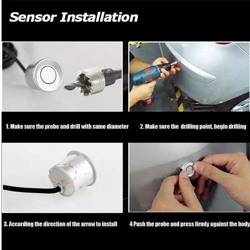 12V 16.5mm Flat Probe Parking Sensor Kit 4 Sensors Buzzer Detector Reversing Radar Universal Auto Auxiliary Safety Accessories