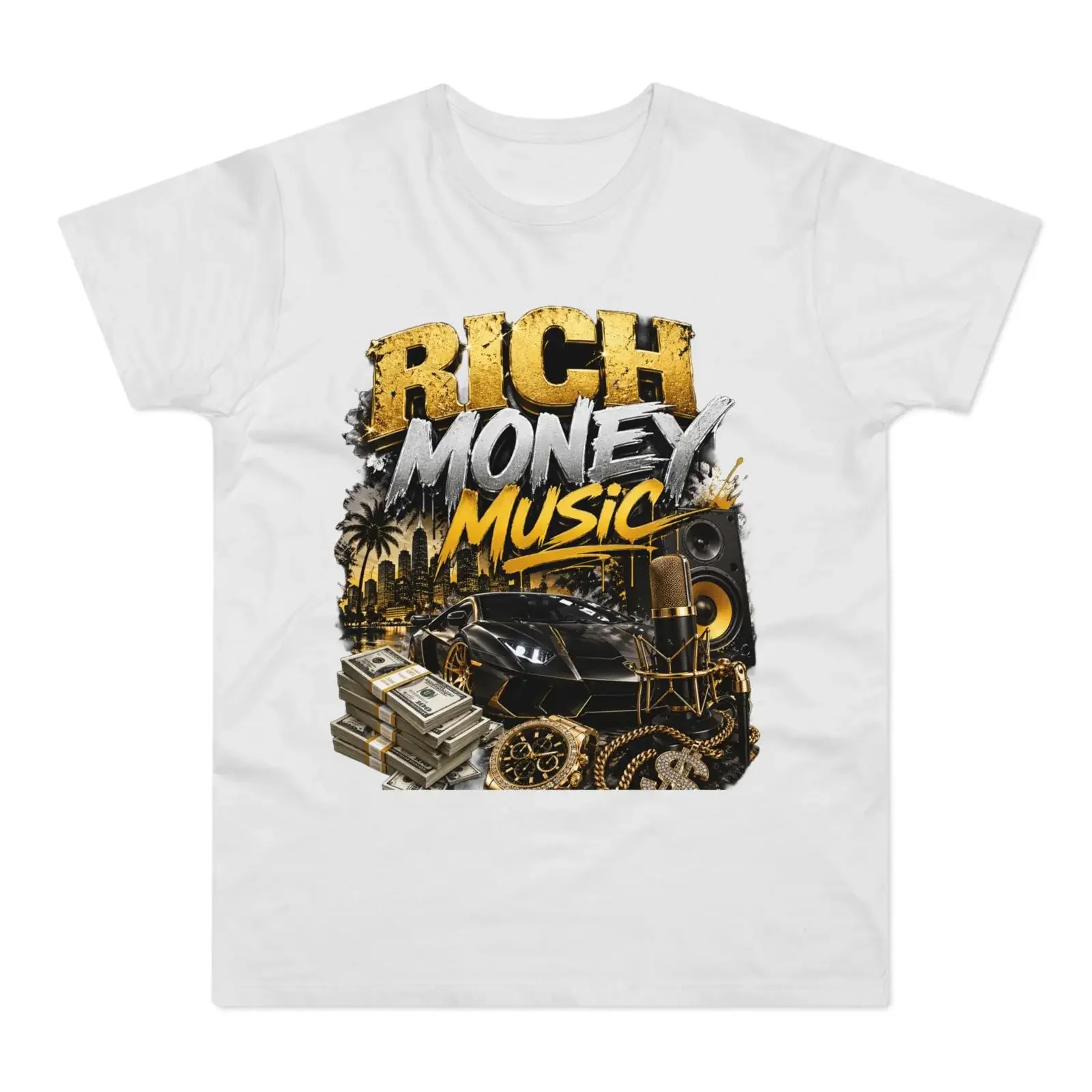 Rich Money Music T shirt Luxury Car Cash Speakers  vintage Washed Casual Unisex Stylish graphic streetwear designer clothes