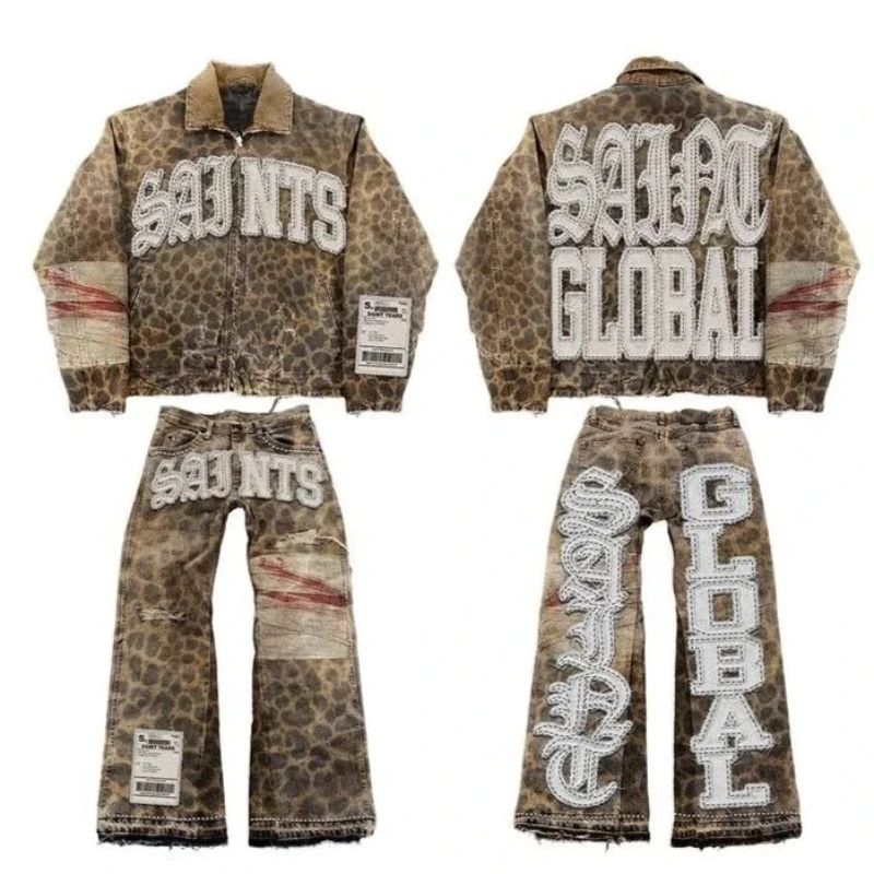 2025 new American retro hip-hop streetwear zipper jacket jeans two-piece set Y2K suit letter patchwork embroidered blue jacket