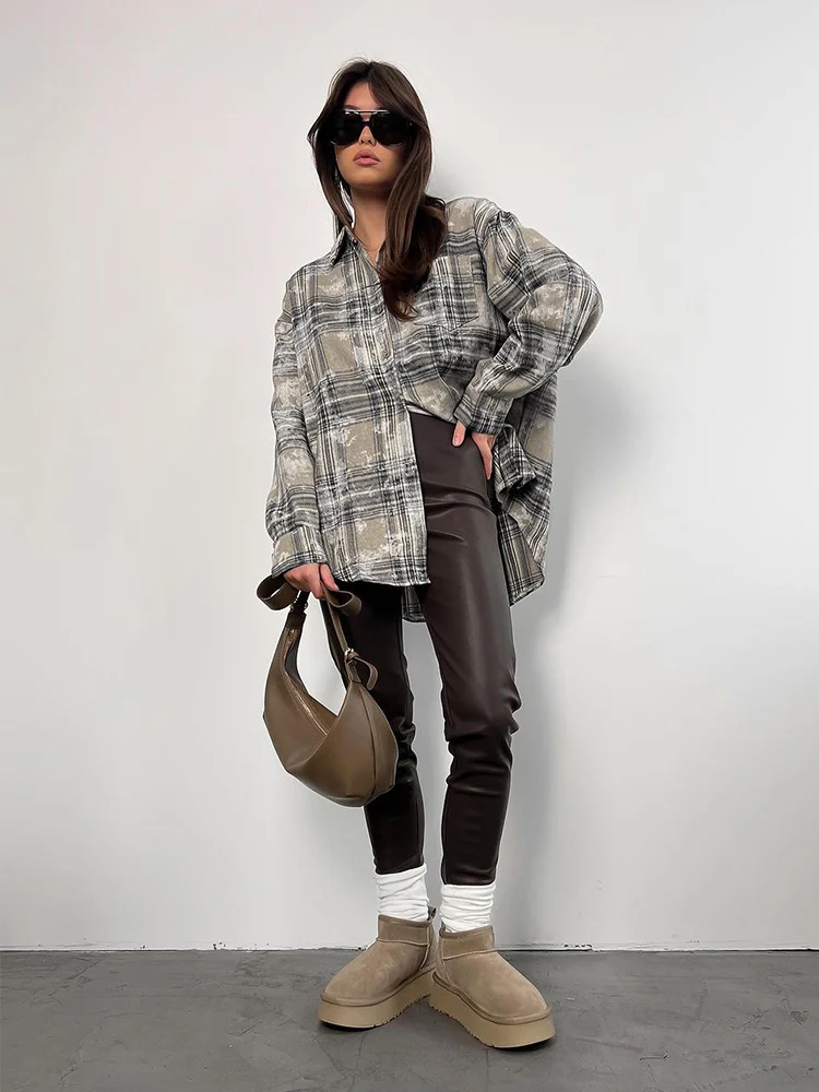 Mumaroho 2023 Autumn Winter Women Oversized Plaid Shirt Thick Vintage Long Sleeve Loose Fit Blouse For Woman Female