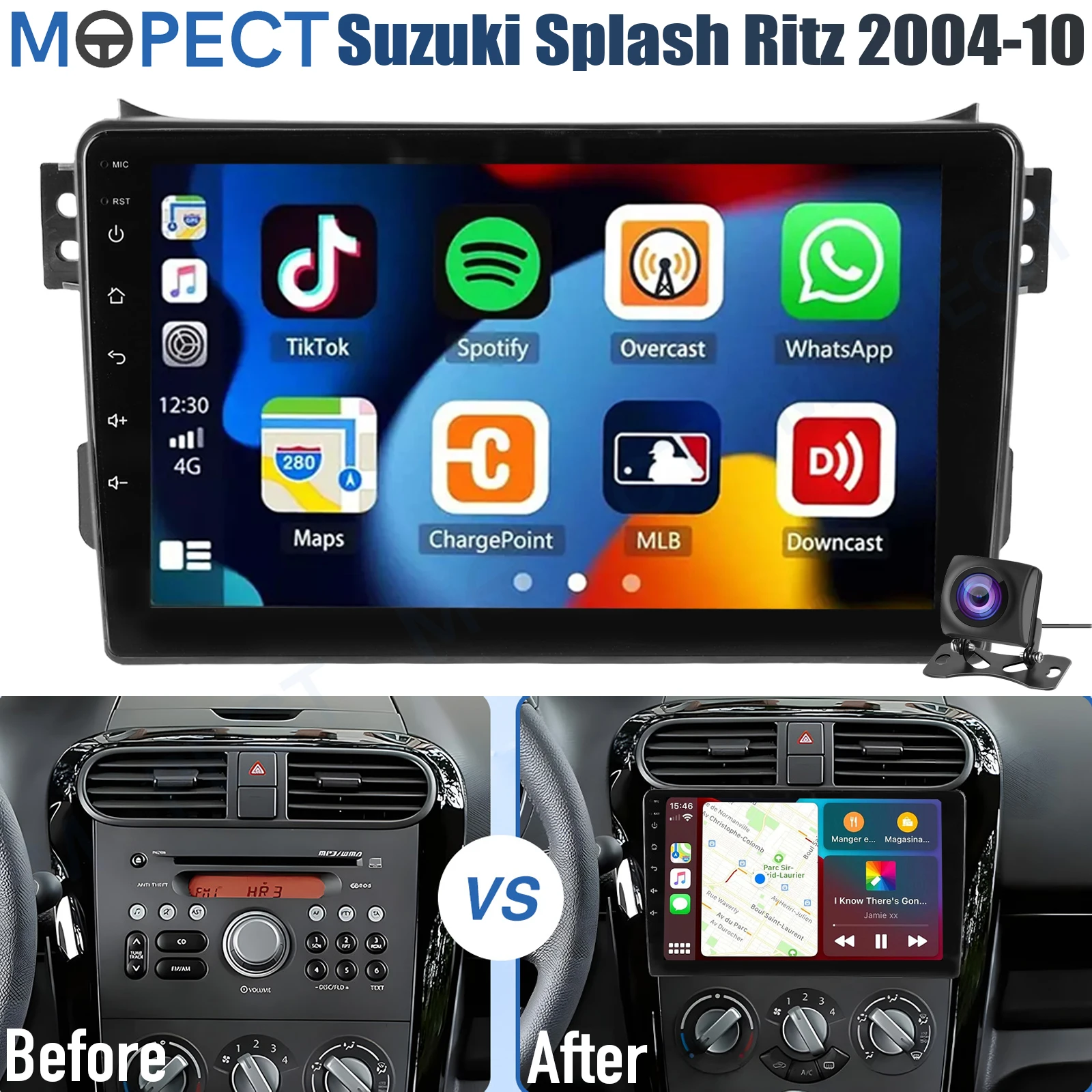 MOPECT 9" autoradio Android 15 voor Suzuki Splash Ritz 2004-2010 4+64G AM/FM WiFi CarPlay GPS navigatie head unit BT+DVR&camera - afbeelding 1