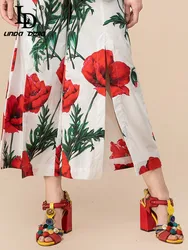 LD LINDA DELLA Fashion Runway Designer Spring Pants Women High waist Flower Print Slit Loose Wide-leg pants